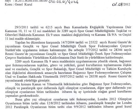 Federasyon Başkanlığı Seçimleri ile İlgili Genelge